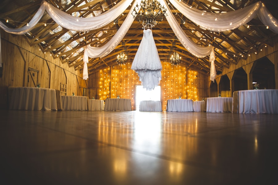 A wedding venue strung with warm lights, ready for the evening